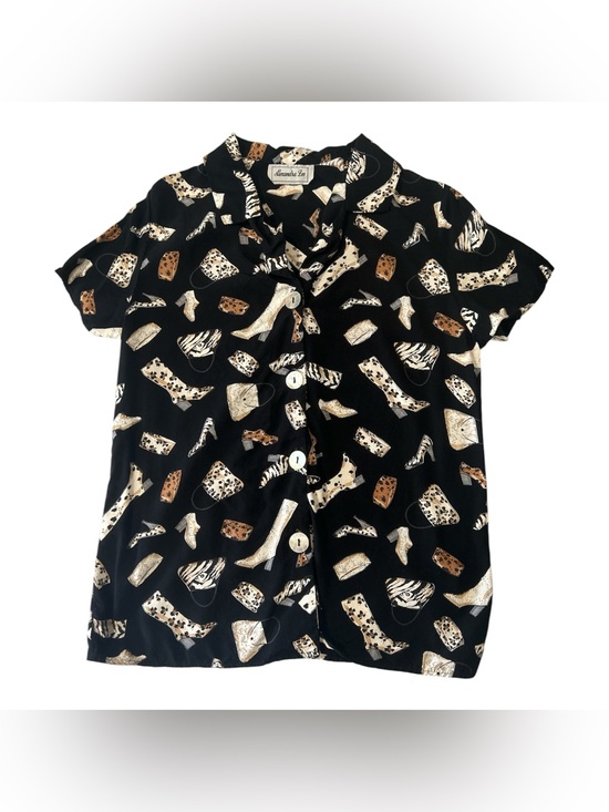 Alexander Lee Tops - Alexandra Lee Vintage black Button-Up Blouse with Shoe and bag Print Sz S